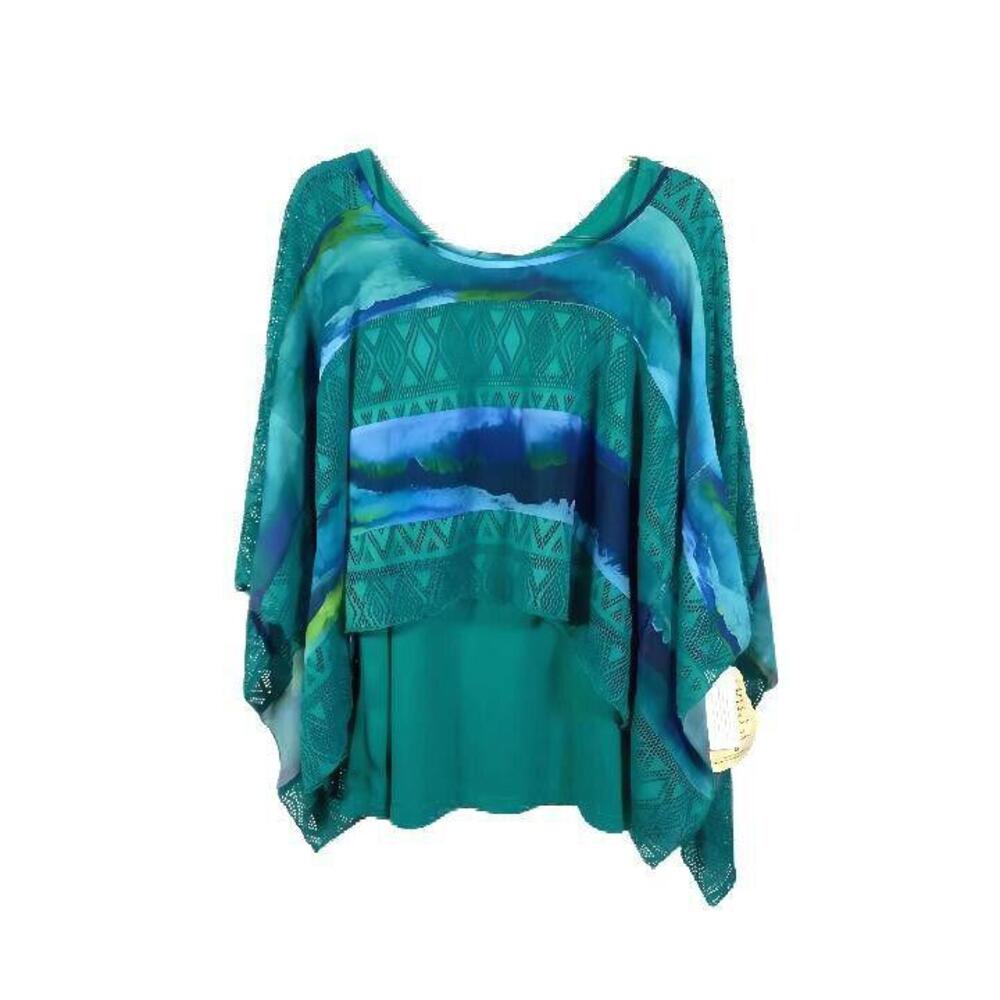 New - One World Live and Let Live 2pc Green Tank Top & Mesh Poncho Top 1X
